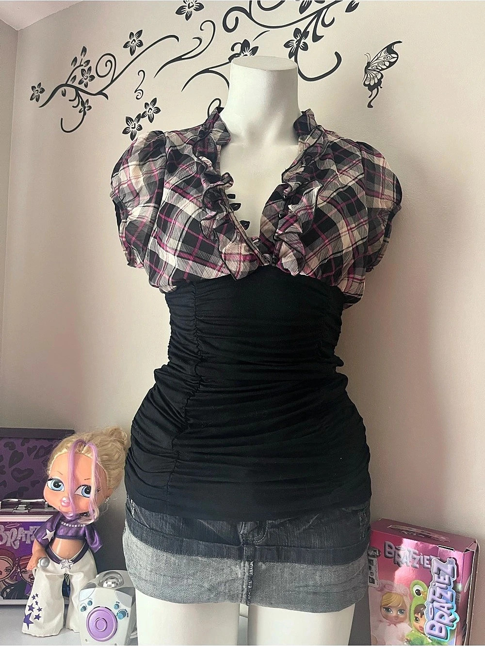 BD Jeans Plaid Ruched Puff Sleeve Top in Black & Pink Size Medium